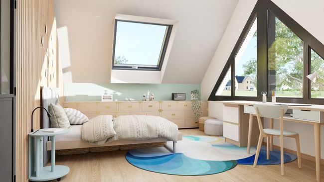 3D render of a bedroom in an attic by Cedreo