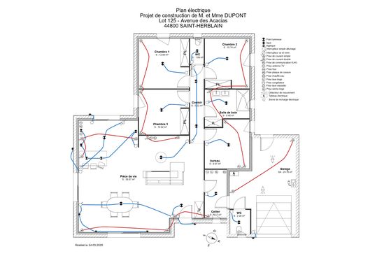 Plan électrique maison moderne avec couleurs différenciées réalisé avec Cedreo