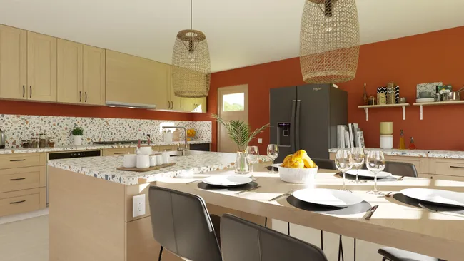 Renderización en 3D de una cocina amueblada en tonos cálidos realizada con Cedreo.