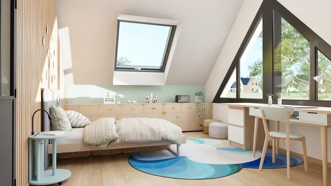 Rendu 3D d'une chambre d'ado sous combles réalisé avec Cedreo
