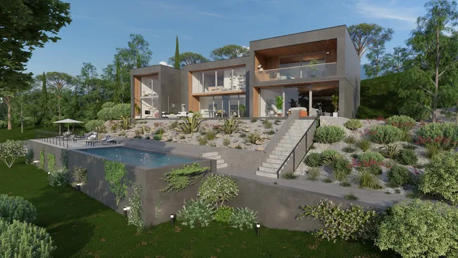 Rendu 3D d'une maison moderne sur terrain en pente avec piscine réalisé avec Cedreo
