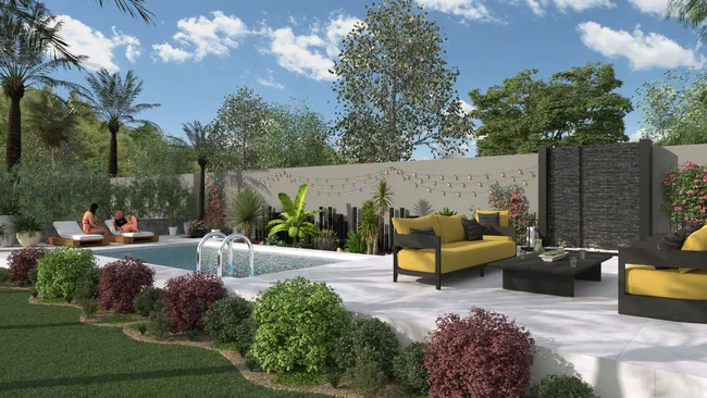 Rendu 3D d'un jardin avec piscine créé avec Cedreo