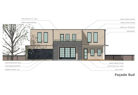 Plan de façade annoté avec clôture et végétation apparente réalisé avec Cedreo