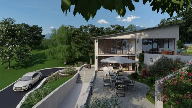 Mid-century modern house style example - 3D render by Cedreo